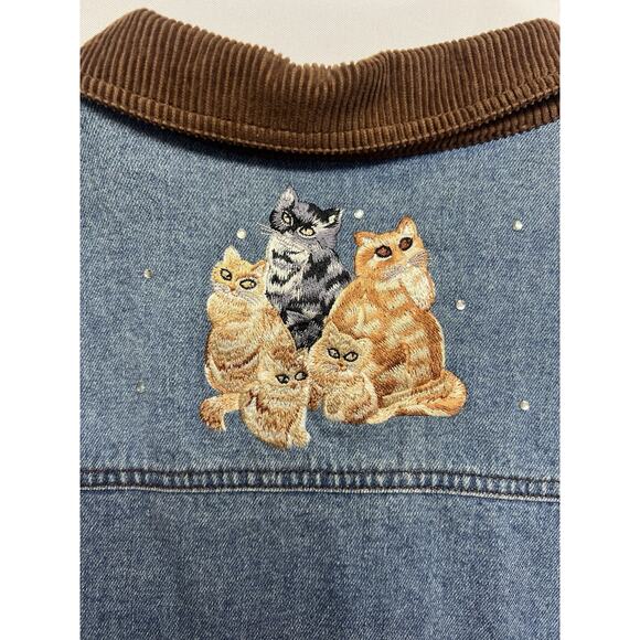 Quacker Factory Cat Denim Shirt Size 1X Corduroy Collar Embroidered Rhinestones - Picture 12 of 14